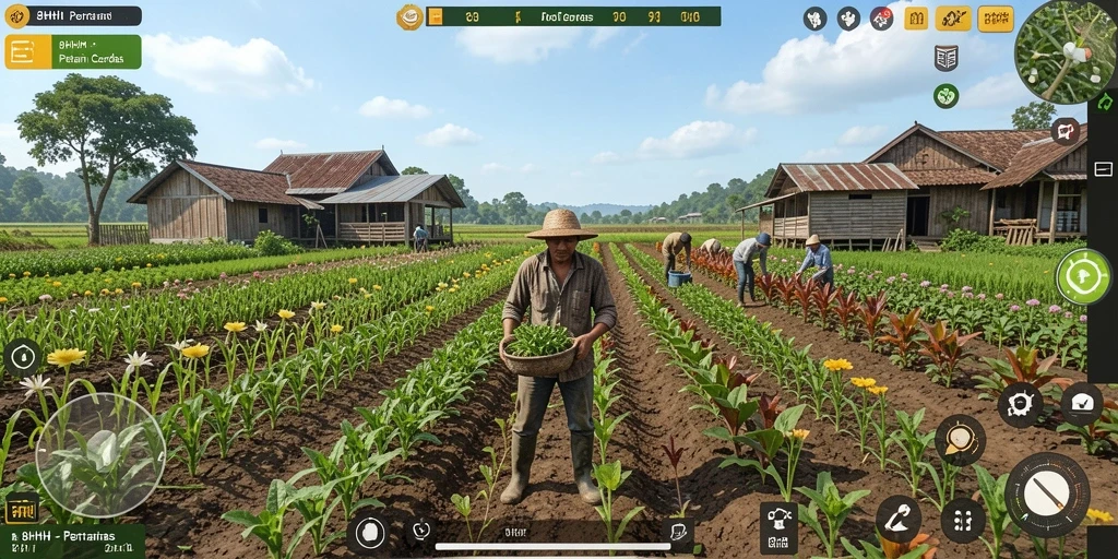 Gameplay <strong>8HHH</strong> menampilkan aktivitas bertani yang seru dan interaktif.
