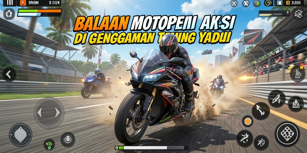 Screenshot gameplay 9N9N menampilkan balapan motor yang intens.