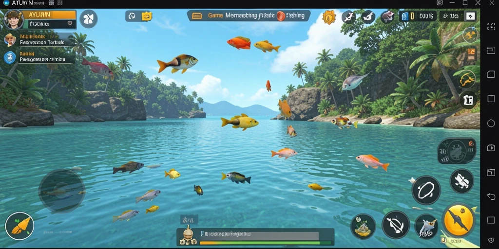 Gameplay AYUWIN dengan berbagai jenis ikan dan lokasi memancing menarik.