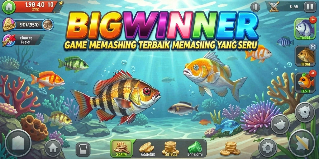 Gameplay <strong>BIGWINNER</strong> dengan memancing di laut yang indah.