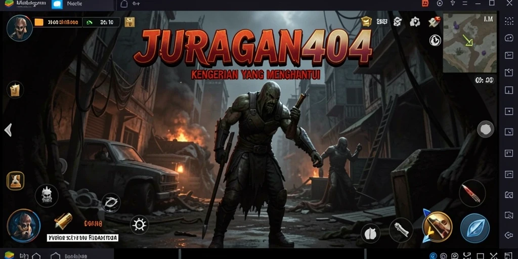 Tangkapan layar gameplay JURAGAN404 menampilkan suasana mencekam dan karakter menyeramkan.