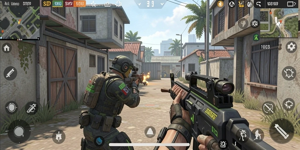 Tampilan gameplay seru dari SD107 dengan aksi tembak menembak yang intens.